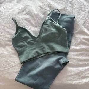 ALO Yoga Sage Green Sports Bra and Leggings